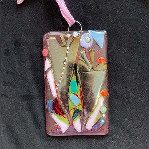 Handmade Fused Art Glass  Hanging Plaque 6”x4” Never Forgotten “Heart Design